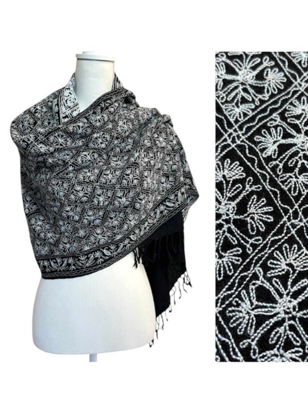 Frangi Embroidered Wool Pashmina Scarf - 100% Wool